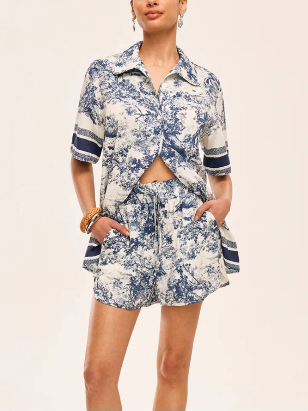 Commense Blue and White High Waist Shorts Set Toile Print